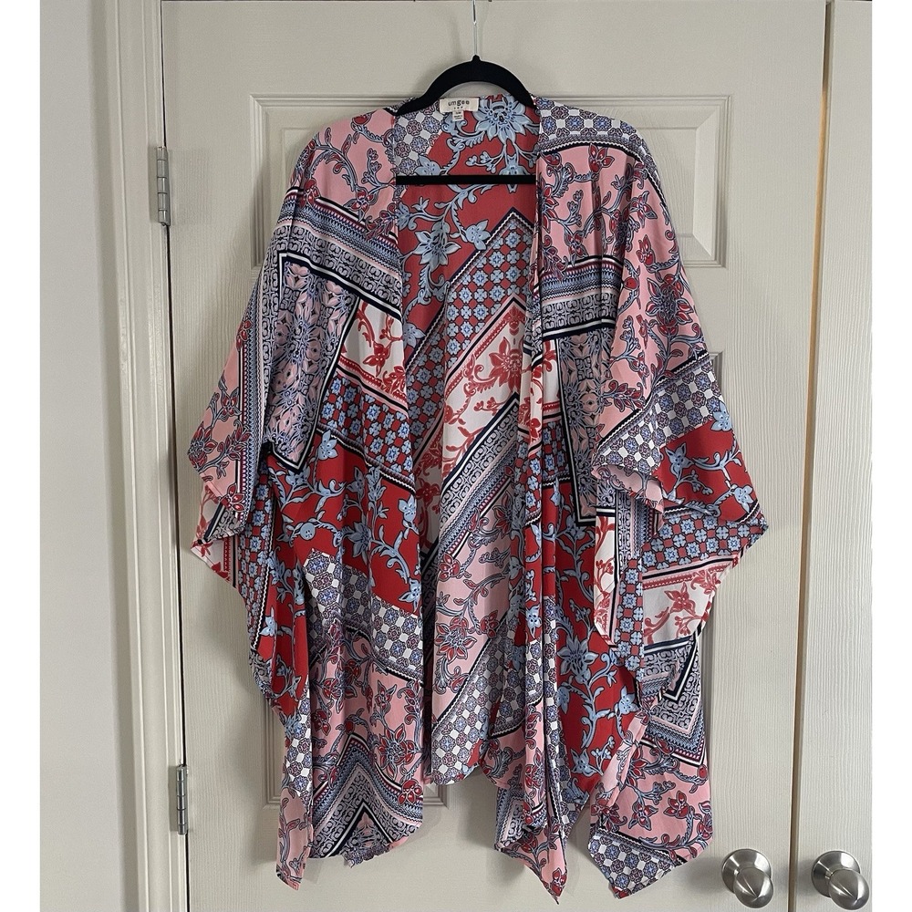 Umgee Pink Floral Open Front Midsleeve Split Hem Oversized Kimono‎ Duster  S/M